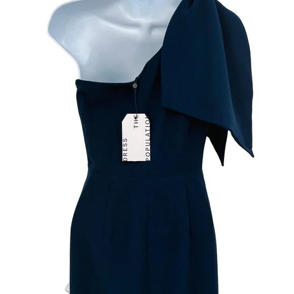 Dress the Population Tiffany Orchard One Shoulder Midi Dress Bow Shoulder Blue - Picture 8 of 10